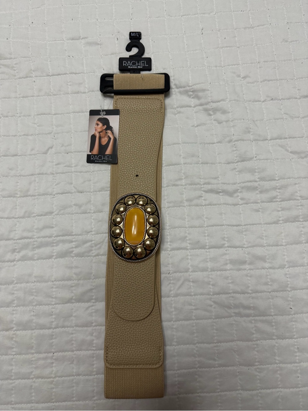 Rachel Roy Wide Stretch Belt Beige Gold Statement Buckle M/L